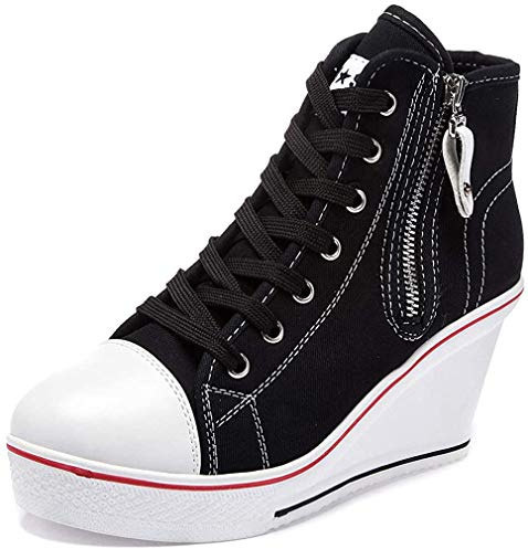 Baskets Compensées Tendance 35-43 EU Femme Baskets Compensées Chaussure de Sport Marche Fitness Sneakers Basses Compensées 8 cm, 03 Noir, 40 EU
