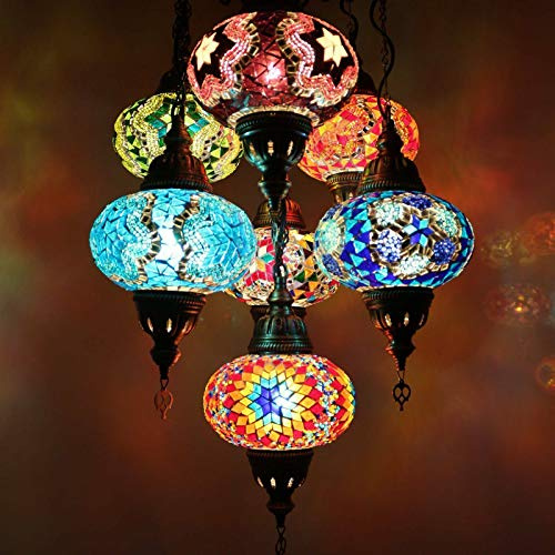 ENVA Lámpara colgante de techo hecha a mano de cristal de mosaico marroquí turco lámpara de araña Multicolor 7 globos grandes 102