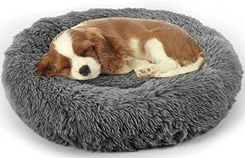 Enjamoy Donut Dog Bed Calming Cat Beds for Indoor Cats, Dark Grey 60cm | Soft Round Large Cat Basket, Fluffy Puppy Beds for Small Dogs, Anti Anxeity, Non Slip Base, Machine Washable