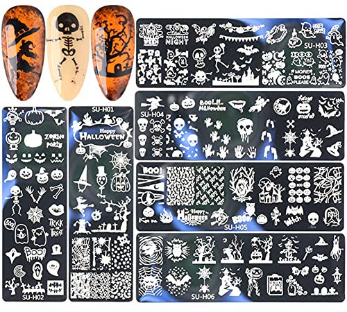 Nagel Stamping Schablone Nagelstempel Maniküre Vorlage Tool Kit - 6 Stücke Halloween Muster Nagelschablonen Template Nail Art Plates Stamping Nagel Bildstempel Schablone Metallplatten Nagel Tattoo
