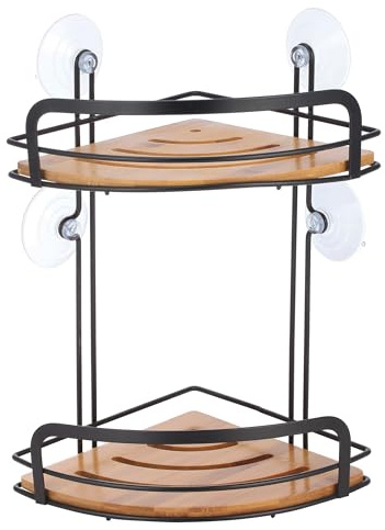 MSV Duschregal Eck Duschkorb Badezimmer ohne Bohren mit Saugnäpfen Stahl Bambus 31x21x21cm schwarz matt