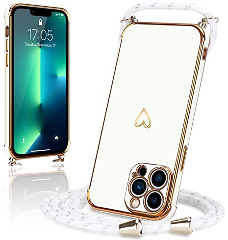 Micoden Handykette für iPhone 13 Pro Hülle Necklace mit Band Herz Design | Kameraschutz Handyhülle Herz Design Galvanik Dünn Silikon Case Bumper Kordel zum Umhängen Stoßfeste Schutzhülle, Weiß