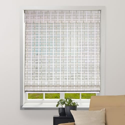 ARLO BLINDS Sheer Bamboo Roman Shades with Valance - Whitewash, 24 W x 74 H - Light Filtering Cordless Blinds for Interior Windows - Real Natural Bamboo Material - Mounting Hardware Included