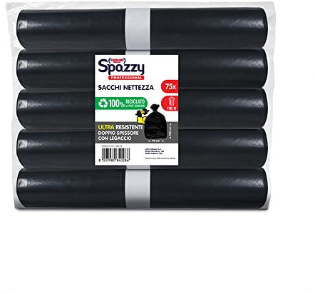 Domopak Spazzy Professional Sacco Ultra Resistente, 110 lt, Nero, 5 Confezioni da 15 pezzi