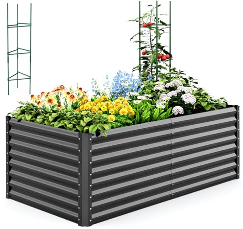 Quictent Galvanized Raised Garden Bed 6x3x2 Ft Metal Planter Box Bottomless for Backyard Outdoor, Include 1 pc Tomato Cage (Dark Gray)