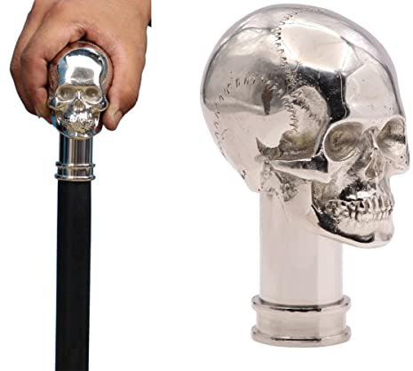 Messing Schädel Gehstock - Chrom-Finish Totenkopf Griff Gehstock für Männer - Steampunk Gothic Vintage Cane - Schwarzer Hartholzschaft - Sammlerstück Prop & Kostüm Zubehör