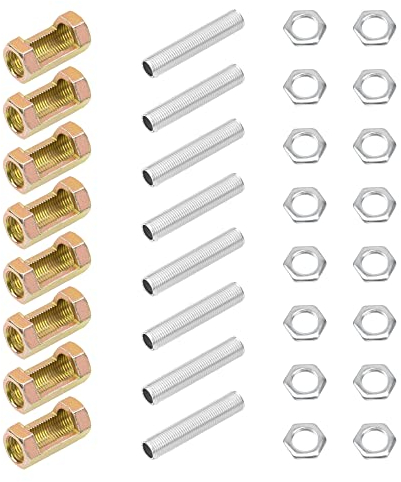 Rrina 8 Sets M10 Lamp Pipe Repair Parts Kits, M10x30 Hexagon Open Nut, M10x50 All Thread Lamp Pipe Nipples, M10 Hex Lock Nut