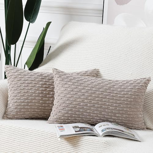 Madizz Pack of 2 Boho Corduroy Cushion Covers 12x20 inch, 30x50 cm, Taupe Soft Decorative Throw Pillow Covers for Bedroom Sofa Pillow Shell