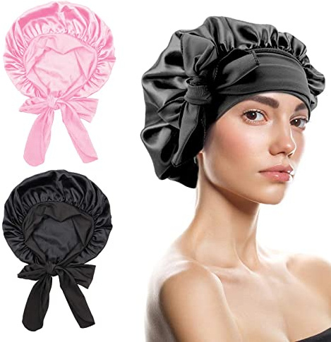 AYNKH Satin-Schlafmütze mit Bindeband, verstellbare Seidenhaube, weich, elastisch, bequem für Damen und Mädchen, lang, lockig, Zopf, Badepflege, 2 Stück, Rosa und Schwarz