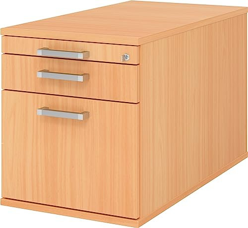 bümö Rollcontainer mit Hängeregister für Hängeordner, Container abschließbar in Buche - Rollwagen mit Hängeregistratur als Schreibtisch Unterschrank od. Bürocontainer m. Chromgriffe