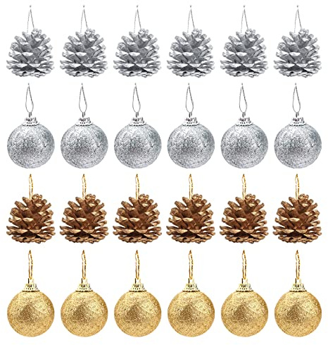 Bekecidi 24 Pcs Christmas Pine Cones Mini Christmas Hanging Ball Christmas Tree Ornaments for Xmas Hanging Seasonal Decorations Festival Holiday Decor, 4cm (Gold+Silver)