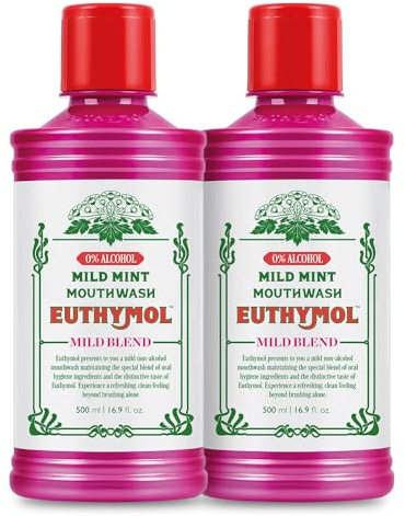 Euthymol Mouthwash Mild Mint 500ml x 2, Contains Flouride Alcohol-Free, Distinctive Strong Taste Flavour, Reduce Plaque Gingival Clean Healty Teeth Gums, Freshens Breath Refreshing Oral Dental Care