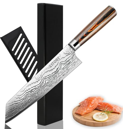 Kitory Kiritsuke Kochmesser, Japanisches Küchenmesser mit 20cm Extrem Scharf Klinge und Klingenschutz, Profi Chefmesser mit Pakkaholzgriff und Premium Geschenkbox - FLAMINGO SERIE