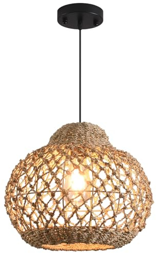Sicddde Rattan Pendant Light, Basket Light Fixtures Ceiling Hanging Boho Chandelier, 13.4 Woven Bamboo Rattan Hanging Lamp for Kitchen Island Hallway Bedroom Dinning Room
