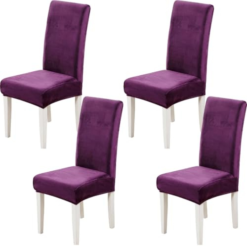 Xundefeng 4er Set Stretch Samt Stuhlhussen für Esszimmerstühle, Schutz Hussen für Stühle Schwingstühle, Dekoration Stuhlbezug für Haus, Küche, Hotel, Party - Violett