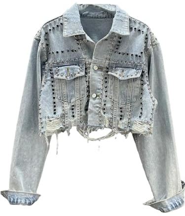 Dcvmvmn Damen-Jeansjacke mit Nieten, Jeansjacke mit Nagelperlen, A, L