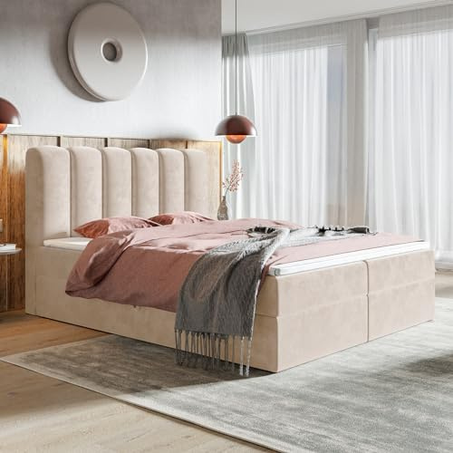 MOTIVENA Como Bubble Boxspringbett 140x200 mit Bettkasten, Bubble Polsterbett 140x200 mit Bettkasten, Taschenfederkern-Matratze (H3), Visco Memory-Foam Topper (H2), Samt, Beige (Creme)