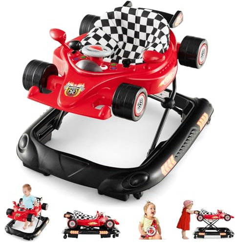 RELAX4LIFE Girello Primi Passi Macchina 4 in 1 per Bambini, con Vassoio Musicale Rimovibile, 3 Altezze Regolabili, Sedile Imbottito, Telaio Antiribaltamento, per Neonati 6 Mesi + (ROSSO)