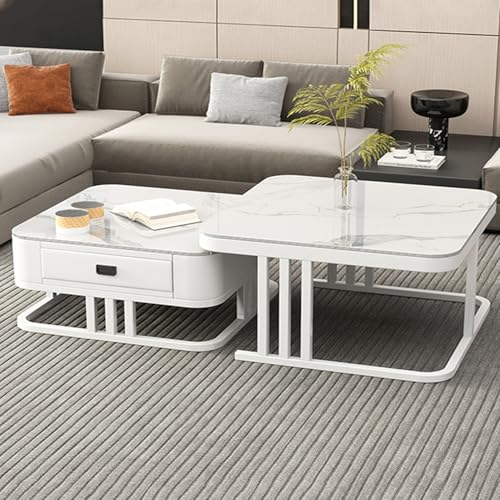 EKDJSN Couchtisch et, 2 Stück Quadratischer Mehrzweck-Satztisch, Couchtische mit Zwei Schubladen, Praktisches 2-in-1-Couchtisch-Set, for Wohnzimmer, Schlafzimmer, Studio(Wit)