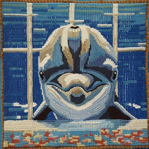 RKFLGEW DIY knüpfen set erwachsene Fantasie Delfin knüpfkissen set Wasserlebewesen DIY Haken Häkeln Garn Nadel Handwerk einfache handgemachte Kissen für Home Sofa Dekoration 43x43cm