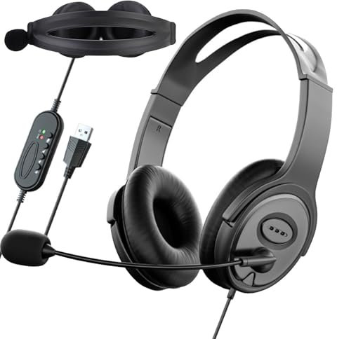 Auriculares de centro de llamadas – Auriculares estéreo, micrófono con cancelación de ruido | Auriculares de micrófono para computadora personal, perfecto para conferencias adecuadas para Zoom Skype