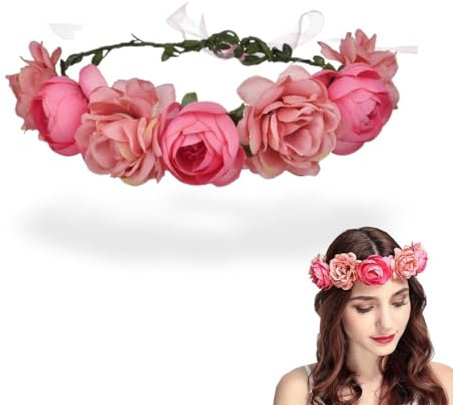 Blumenkranz Blume Krone Stirnband,Blumenkranz Haare,Boho Blumenkrone,Blumen Stirnband Haarband,Blumenkranz Krone Stirnband,Frauen Mädchen Braut Rosen Blumen(Rosa)