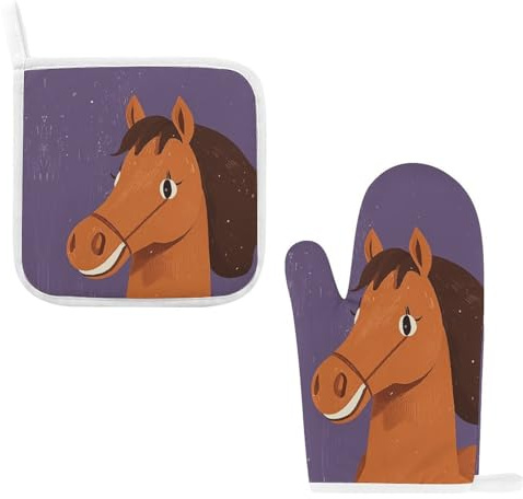 Horse Oven Mitts and Pot Holders Insulated Gloves Hot Pads Heat Resistant Oven Gloves Potholder for Kitchen Cooking Baking Grilling (2-Piece Set)