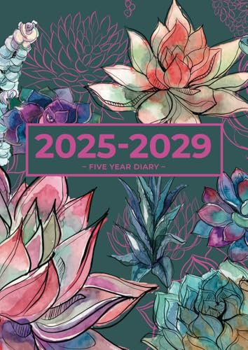 5 Year Diary 2025-2029 | A4 Gorgeous Vibrant Succulent Garden: Month to View Planner with UK Holidays, Moon Phases, Birthdays & Celebrations, Contacts, Passwords (Five Years)