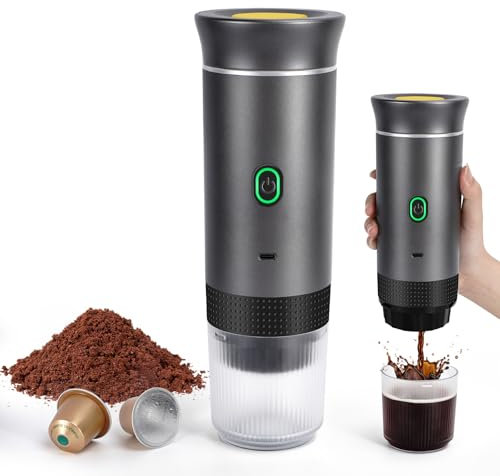 SOPPY 3 In 1 Portable Espresso Machine, Electric Coffee Maker with Self-Heating System, Works with Large/Small Capsules & Coffee Powder, Compact Travel Design for Camping RV Office Home Use (Grey)