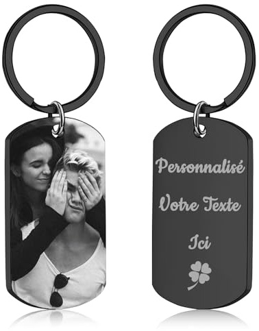 Porte Clef Personnalisable avec Photo et Texte Porte Clé Personnalisé pour Homme, Femme, Couple Cadeau Unique pour Noël, Saint-Valentin, Anniversaires