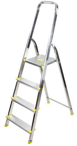 Bayersystem BS-DA4 150 Trittleiter mit 4 Stufen, Aluleiter, bis 150 kg belastbar, max. Arbeitshöhe 2,78 m, Klapptrittleiter mit Handlauf, Anti-Rutsch-Füße, Klapptritt für Haushalt, Silber/Gelb