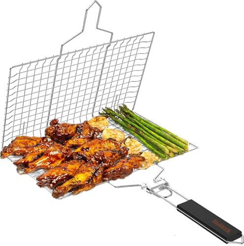 Cestino Griglia per Barbecue in 304 Acciaio Inossidabile | Pieghevole, Portatile & Antiruggine | Con Manico Rimovibile | Ideale per Pesce, Verdure, Bistecche, Gamberetti