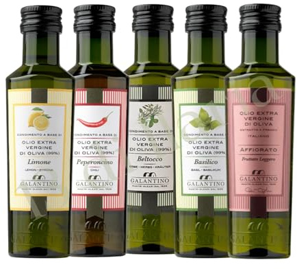 Coffret Dégustation Huiles d'Olive Vierge Extra 5x100 ml | 2 huiles d'olive vierge extra et 3 condiments : Affiorato, Beltocco, Citron, Basilic et Piment