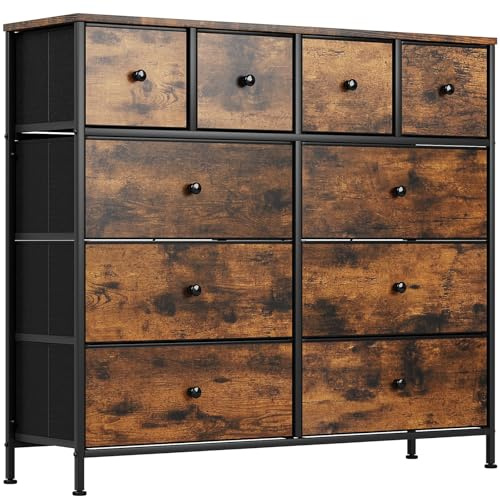 Clevich Kommode mit Schubladen, mit 10 Stoffschubladen, Holzplatte, Metallgestell, Geeignet für Schlafzimmer, Wohnzimmer, Kinderzimmer, Büro, Flur, Diele (Retro braun+schwarz, 1 Stück)