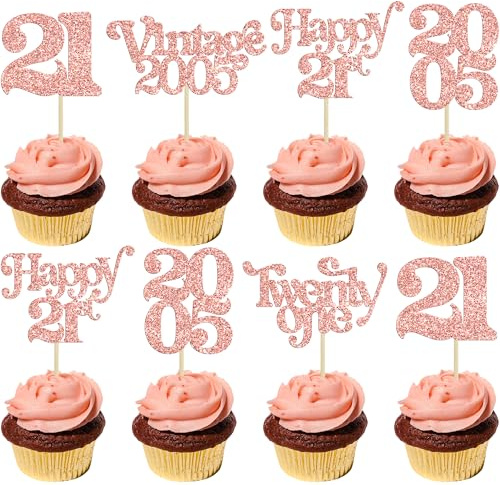 Gyufise 30Pcs 21st Birthday Cupcake Toppers Glitter Twenty-one Vintage 2005 Cheers to 21 Cupcake Picks Hello 21 Years Birthday Cake Decorations for 21st Anniversary Party Supplies Rose Gold