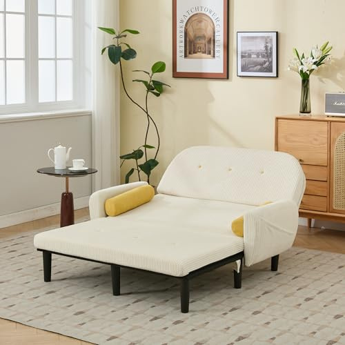 A ALFRESCOOL Sofa mit Schlaffunktion, Schlafsofa Klein, Cord Sofa 2 Sitzer, Kann als Sofa, Bett und Liegestuhl, Samtpolsterung für Wohnzimmer und Schlafzimmer, 180 * 128 * 53cm (Elfenbein)