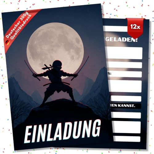 HIDEBLOOM Ninja Einladungskarten Kindergeburtstag Junge - 12 Stück - DIN A6 (10,5 cm x 14,8 cm) - Einladungskarten Geburtstag - Geburtstagseinladungen Jungen - Einladung Ninja