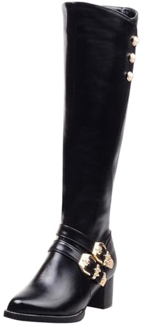 Botas de equitación hasta la rodilla para mujer, de cuero negro, con hebilla dorada, talla grande, para otoño e invierno