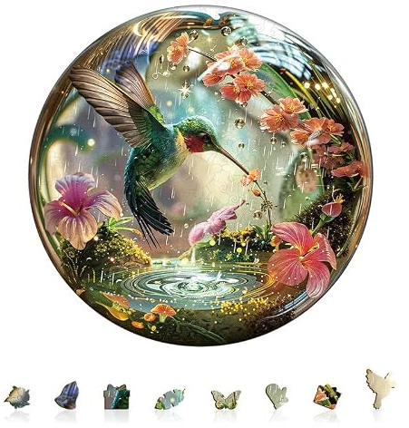 Jigfoxy Wooden Puzzles for Adults,Hummingbird in the Rain Jigsaw Puzzle | Unique Animal-Shaped Jigsaw Puzzle for Adults and Teens, Creative Gift with Premium Wooden Box,13.4 * 13.2in