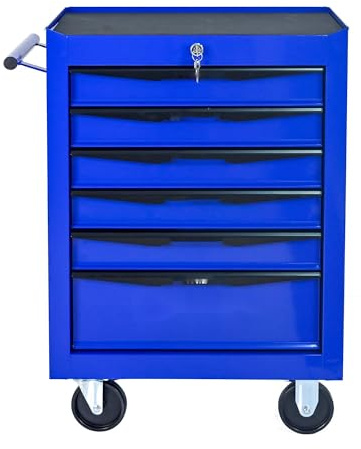 6 Schubladen Werkzeugwagen mobil, mit Kugellager-Schubladen, Stahl Werkzeugkoffer für Werkstatt & Garage, Rollender Werkzeugschrank mit Arbeitsplatte (Schwarz+Blau)