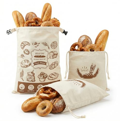 Katyjun 3-teiliges Brotbeutel-Set aus Leinen & Baumwolle mit Verschluss – Atmungsaktive Brotaufbewahrung für Frischehaltung, Ideal für Bäcker, Einkauf & Aufbewahrung