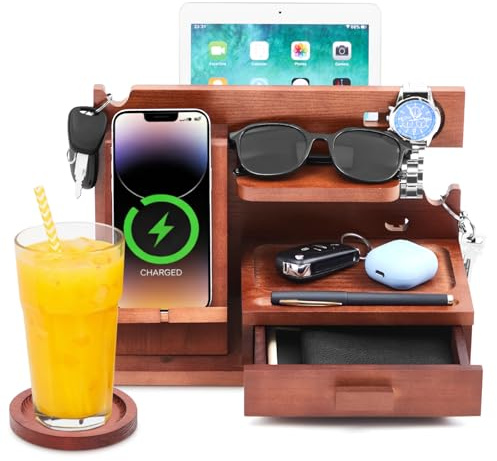 Sliner Docking station per telefono in legno con cassetto organizer comodino stazione di ricarica in legno per telefono tablet chiavi occhiali regali EDC per uomini, papà, marito, compleanno