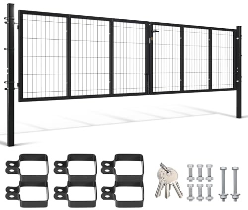 Trädgårdsgrindmetall, dubbelbladig trädgårdsdörr, 350 x 100 cm, fyrkantigt rör, industriellt, för arbetsgård/kommersiella ytor, för stavmattstaket (antracit).