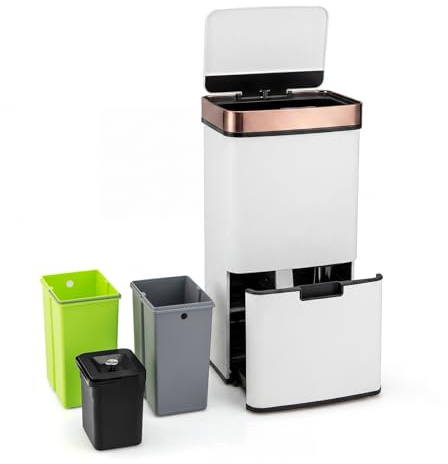 COSTWAY Poubelle Cuisine Automatique 72L en Acier Inox avec réservoir scellée 3,5L, Poubelle Tri Selectif 2 x 11L Seaux Amovibles, Cerclage, Anti-Empreintes, Anti-pinçage, Interrupteur (Blanc or)