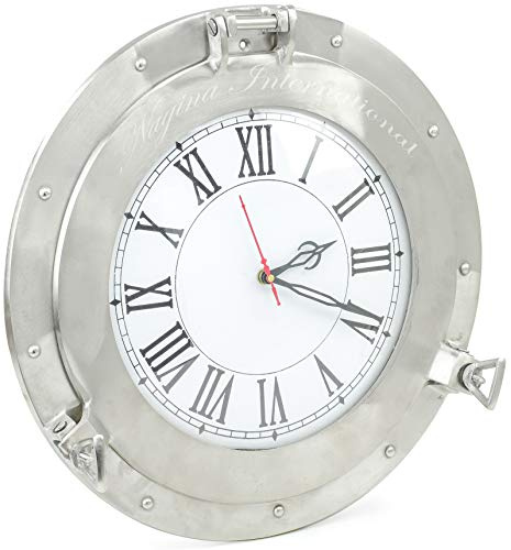 Nagina International Brushed Nickel Aluminum Metal Roman Porthole Clock | Nautical Navy Decor Gifts (12 Inches)