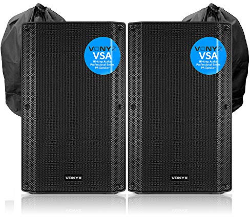 VONYX VSA15 Active PA Speaker Pair 15 Inch 2000W Bi-Amplified Sound System with Microphone & Instrument Inputs plus Protective Speaker Bags for DJs & Live Events