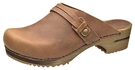 Sanita Ursana offener Clogs | Original handgemacht | Leder-Holzclogs für Damen | Braun | EU 38