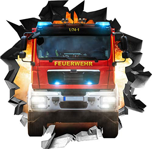 BLACK LABEL GRAFX® Wandtattoo Aufkleber WallArtML214 Wandbild Feuerwehr Auto Fire Mauerloch 3D Effekt verschiedene Größen Deko Wohnung Wohnzimmer Schlafzimmer Bad Kinderzimmer (102 x 100 cm)