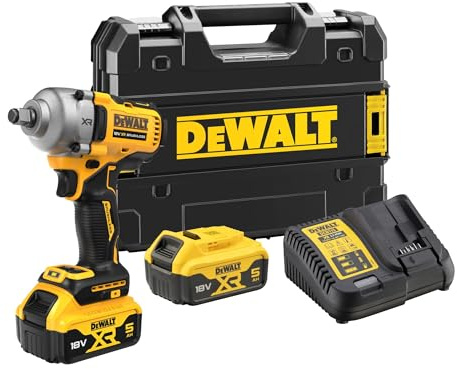 DEWALT 18 Volt Akku-Schlagschrauber (1/2“) (max; anzugsmoment 813 Nm, bürstenloser Motor, regulierbare Dreh- und Schlagzahl, 4 Modi, 2x 18V 5,0 Ah Li-Ion Akkus, Ladegerät, T-Stak Box), DCF891P2T-QW