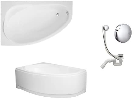 VBChome Badewanne Links 150x100 cm Acryl SET Schürze Siphon Wanne Ecke Eckbadewanne Weiß Design Modern Ablaufgarnitur Wanne Links Schürze Ablaufgarnitur Füße